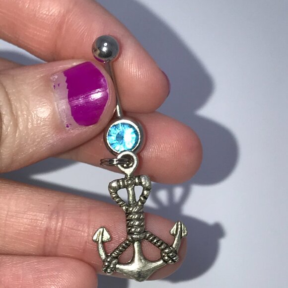 Large Anchor with Rope and Aqua Blue Gem Dangle Belly Ring - Picture 6 of 8